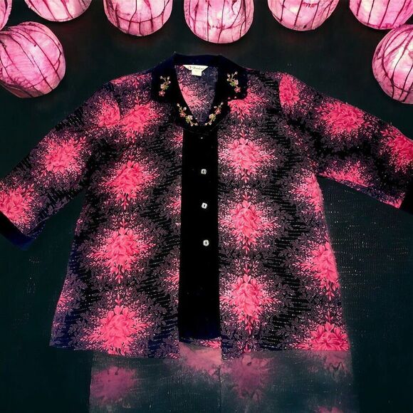 Hot pink black fireworks embroidery floral 3/4 sleeves layered top - Picture 6 of 8